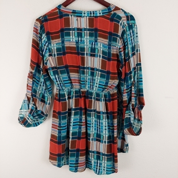 Oona & Maud Maternity Top Sz Med Tunic Plaid Blue Orange Tab Sleeve Ruched Waist - Picture 8 of 8